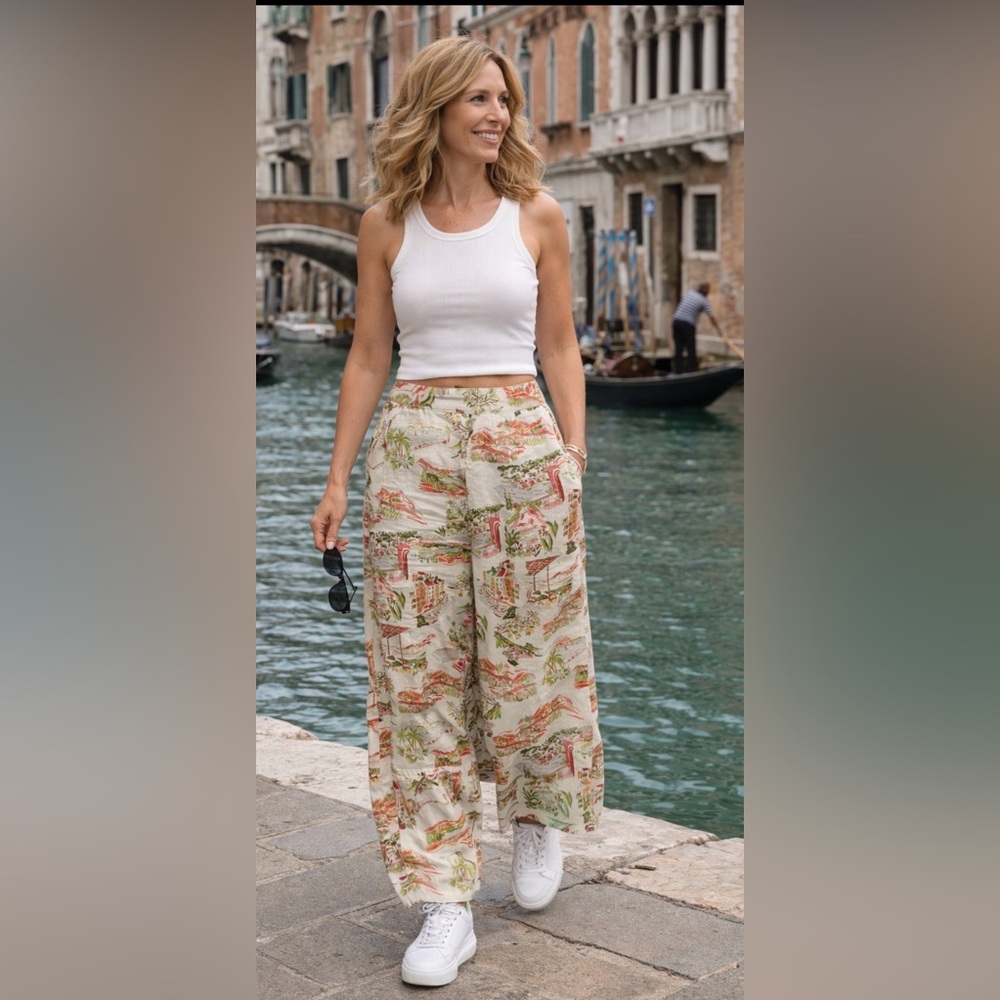Cynthia Rowley 100% Linen Wide Leg Pull On Cropped Pant Mediterranean Coast Med